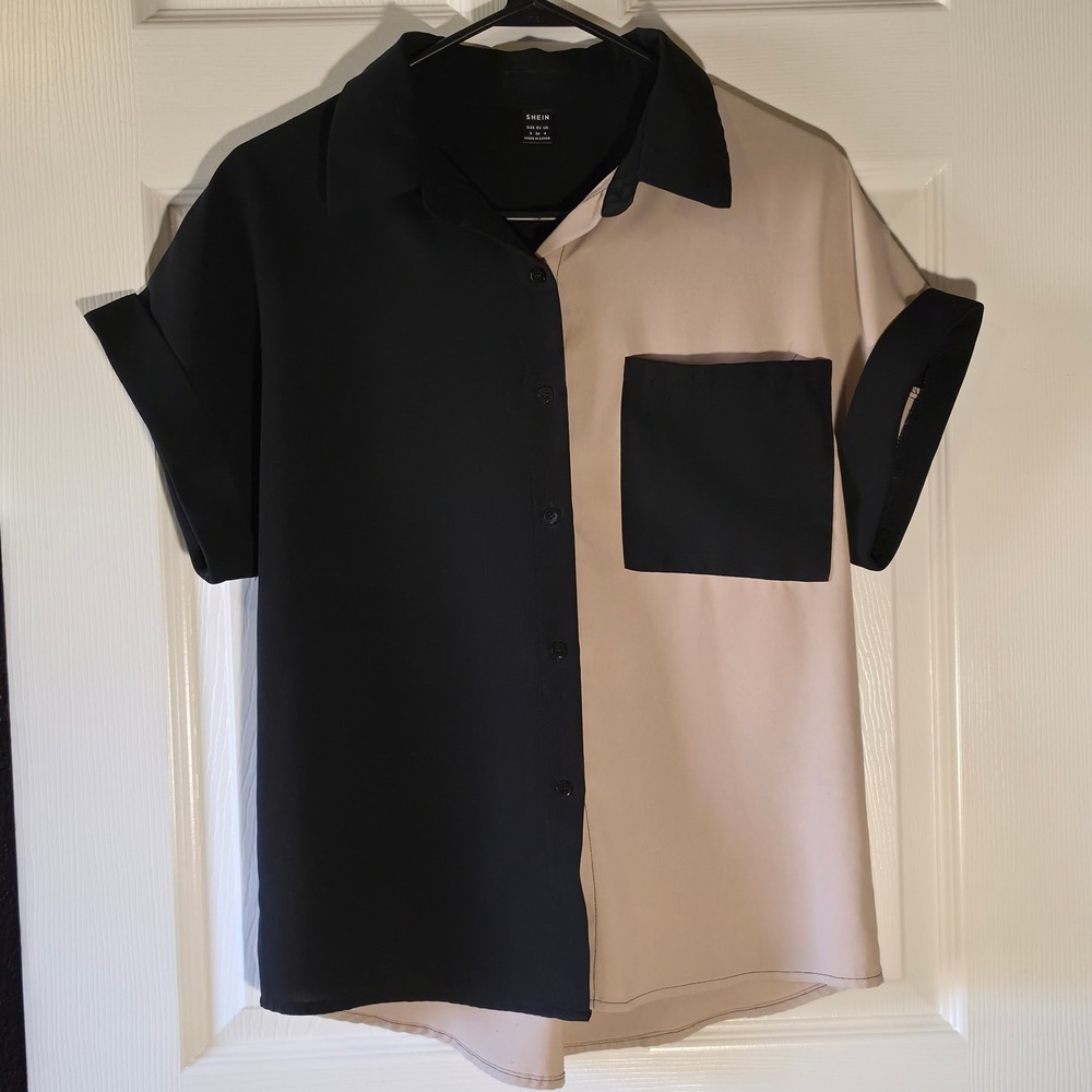 SHEIN Colorblock Button Down Shirt Size Small Black Beige Split Tone